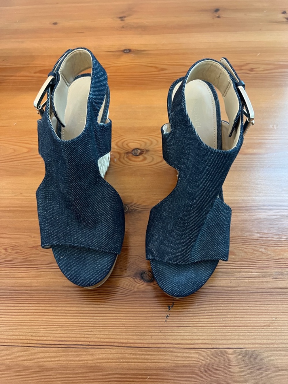 Michael Kors Denim Blue Espadrille Wedge Sandals with Ankle Buckle
